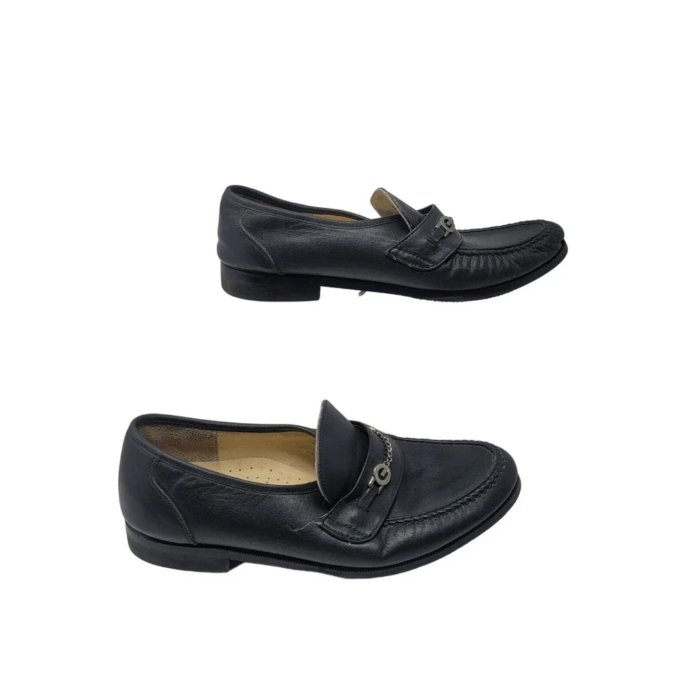Womens Tifosi Design Black Leather Loafers Chain Detail 41‎ Wide Comfort Slip On